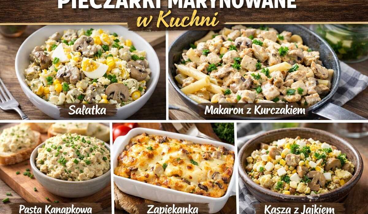Kolaż potraw z marynowanymi pieczarkami: sałatka z jajkiem i kukurydzą, makaron z kurczakiem, pasta kanapkowa, zapiekanka oraz kasza z jajkiem.