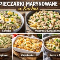 Kolaż potraw z marynowanymi pieczarkami: sałatka z jajkiem i kukurydzą, makaron z kurczakiem, pasta kanapkowa, zapiekanka oraz kasza z jajkiem.