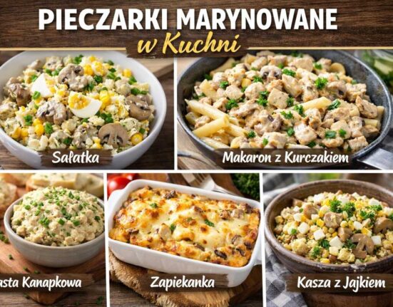 Kolaż potraw z marynowanymi pieczarkami: sałatka z jajkiem i kukurydzą, makaron z kurczakiem, pasta kanapkowa, zapiekanka oraz kasza z jajkiem.