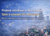 Grafika informacyjna: „Protest rolników w Warszawie. Spór o umowę UE–Mercosur” na tle panoramy Warszawy i symboliki Unii Europejskiej.