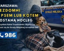 Grafika informacyjna: Warszawa – osoby w kryzysie bezdomności z psem lub kotem dostaną nocleg, kontakt do Straży Miejskiej 986