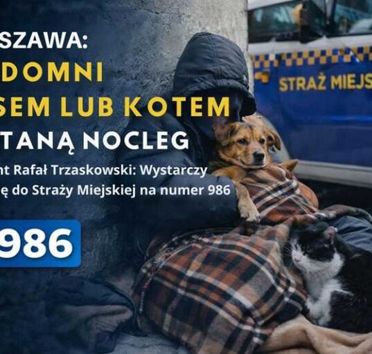 Grafika informacyjna: Warszawa – osoby w kryzysie bezdomności z psem lub kotem dostaną nocleg, kontakt do Straży Miejskiej 986
