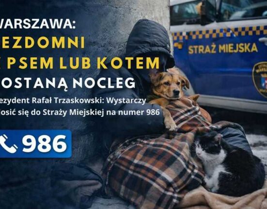 Grafika informacyjna: Warszawa – osoby w kryzysie bezdomności z psem lub kotem dostaną nocleg, kontakt do Straży Miejskiej 986