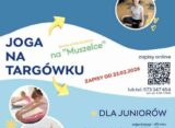 Plakat „Joga na Targówku” – bezpłatne zajęcia na pływalni OSiR Muszelka (ul. Balkonowa 2) dla seniorów i dzieci, zapisy online.