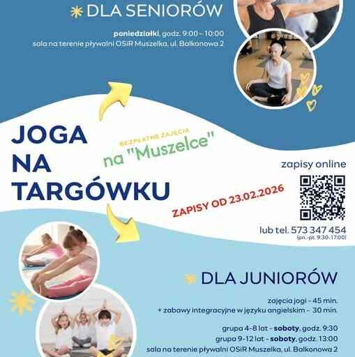 Plakat „Joga na Targówku” – bezpłatne zajęcia na pływalni OSiR Muszelka (ul. Balkonowa 2) dla seniorów i dzieci, zapisy online.