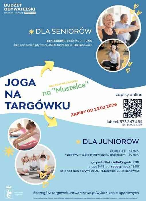Plakat „Joga na Targówku” – bezpłatne zajęcia na pływalni OSiR Muszelka (ul. Balkonowa 2) dla seniorów i dzieci, zapisy online.