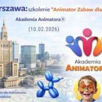 Warszawa – szkolenie „Animator Zabaw dla Dzieci” Akademii Animatora® – grafika okładkowa z Pałacem Kultury, balonowym pieskiem i bańkami (10.02.2026)