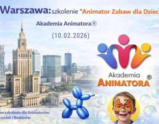 Warszawa – szkolenie „Animator Zabaw dla Dzieci” Akademii Animatora® – grafika okładkowa z Pałacem Kultury, balonowym pieskiem i bańkami (10.02.2026)
