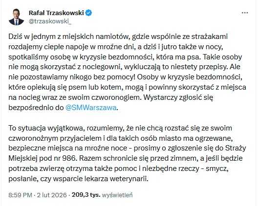 Zrzut ekranu wpisu Rafała Trzaskowskiego o pomocy dla osób w kryzysie bezdomności z psem lub kotem i kontakcie do Straży Miejskiej (986)