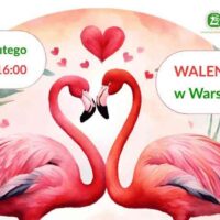 Plakat „Walentynki w Warszawskim ZOO” z parą flamingów układających szyje w serce, daty 14–15 lutego i godziny 9:00–16:00.
