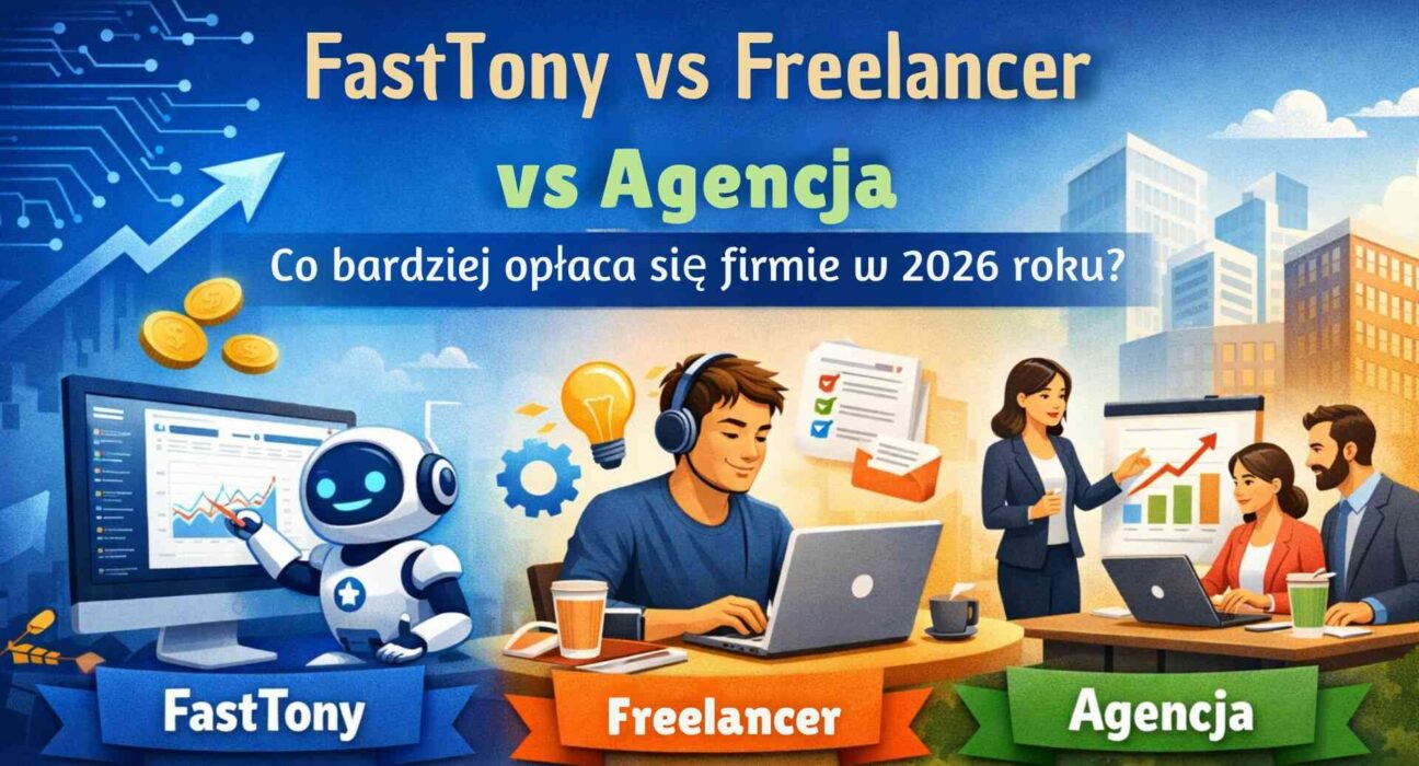 Porównanie FastTony, freelancera i agencji marketingowej w formie kolorowej grafiki z trzema modelami współpracy dla firm.