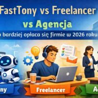 Porównanie FastTony, freelancera i agencji marketingowej w formie kolorowej grafiki z trzema modelami współpracy dla firm.