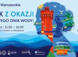 Plakat informacyjny Wodociągów Warszawskich zapraszający na piknik z okazji Światowego Dnia Wody. Wydarzenie odbędzie się w sobotę, 21 marca, w godzinach 11:00-16:00 w Multimedialnym Parku Fontann. Plakat w odcieniach błękitu i pomarańczu, z ilustracją twarzy kobiety utworzonej z wody, latarni morskiej i Syrenki Warszawskiej. Widoczne logotypy jubileuszu 140-lecia, MPWiK i Patronatu Prezydenta Trzaskowskiego.
