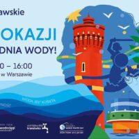 Plakat informacyjny Wodociągów Warszawskich zapraszający na piknik z okazji Światowego Dnia Wody. Wydarzenie odbędzie się w sobotę, 21 marca, w godzinach 11:00-16:00 w Multimedialnym Parku Fontann. Plakat w odcieniach błękitu i pomarańczu, z ilustracją twarzy kobiety utworzonej z wody, latarni morskiej i Syrenki Warszawskiej. Widoczne logotypy jubileuszu 140-lecia, MPWiK i Patronatu Prezydenta Trzaskowskiego.
