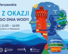 Plakat informacyjny Wodociągów Warszawskich zapraszający na piknik z okazji Światowego Dnia Wody. Wydarzenie odbędzie się w sobotę, 21 marca, w godzinach 11:00-16:00 w Multimedialnym Parku Fontann. Plakat w odcieniach błękitu i pomarańczu, z ilustracją twarzy kobiety utworzonej z wody, latarni morskiej i Syrenki Warszawskiej. Widoczne logotypy jubileuszu 140-lecia, MPWiK i Patronatu Prezydenta Trzaskowskiego.