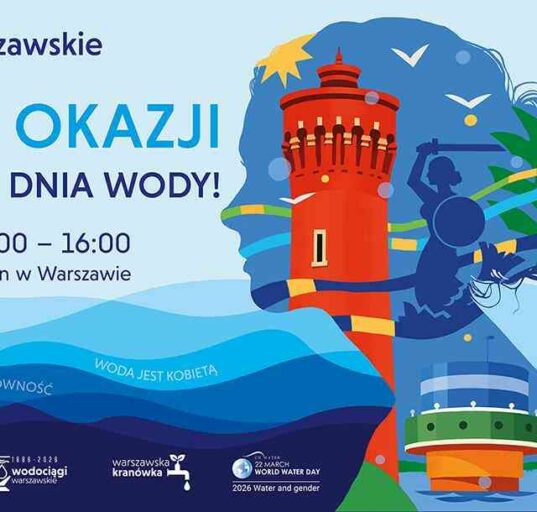 Plakat informacyjny Wodociągów Warszawskich zapraszający na piknik z okazji Światowego Dnia Wody. Wydarzenie odbędzie się w sobotę, 21 marca, w godzinach 11:00-16:00 w Multimedialnym Parku Fontann. Plakat w odcieniach błękitu i pomarańczu, z ilustracją twarzy kobiety utworzonej z wody, latarni morskiej i Syrenki Warszawskiej. Widoczne logotypy jubileuszu 140-lecia, MPWiK i Patronatu Prezydenta Trzaskowskiego.