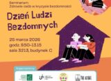 Plakat Informacyjny Seminarium Zdrowie Osób W Kryzysie Bezdomności Przedstawiający Ilustrację Dwóch Osób Siedzących Pod Dachu Kształcie Domu Na Pomarańczowym Tle.