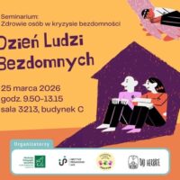 Plakat Informacyjny Seminarium Zdrowie Osób W Kryzysie Bezdomności Przedstawiający Ilustrację Dwóch Osób Siedzących Pod Dachu Kształcie Domu Na Pomarańczowym Tle.