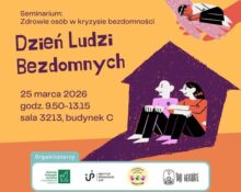 Plakat Informacyjny Seminarium Zdrowie Osób W Kryzysie Bezdomności Przedstawiający Ilustrację Dwóch Osób Siedzących Pod Dachu Kształcie Domu Na Pomarańczowym Tle.