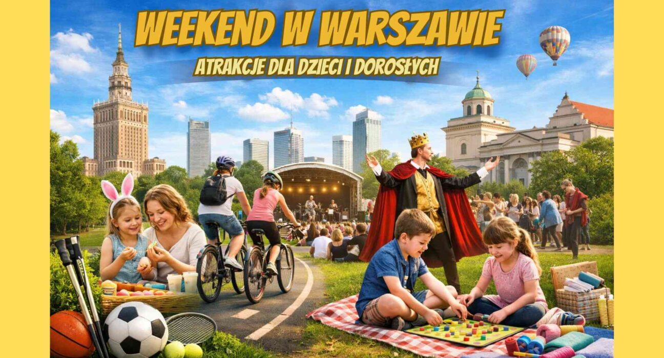 Weekend w Warszawie – ilustracja pokazująca rodzinne atrakcje, koncert plenerowy, rowerzystów i dzieci bawiące się na trawie na tle centrum miasta