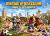 Weekend w Warszawie – ilustracja pokazująca rodzinne atrakcje, koncert plenerowy, rowerzystów i dzieci bawiące się na trawie na tle centrum miasta