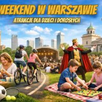 Weekend w Warszawie – ilustracja pokazująca rodzinne atrakcje, koncert plenerowy, rowerzystów i dzieci bawiące się na trawie na tle centrum miasta