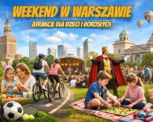 Weekend w Warszawie – ilustracja pokazująca rodzinne atrakcje, koncert plenerowy, rowerzystów i dzieci bawiące się na trawie na tle centrum miasta