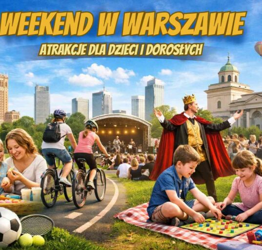 Weekend w Warszawie – ilustracja pokazująca rodzinne atrakcje, koncert plenerowy, rowerzystów i dzieci bawiące się na trawie na tle centrum miasta