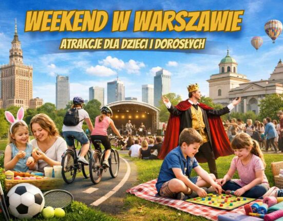 Weekend w Warszawie – ilustracja pokazująca rodzinne atrakcje, koncert plenerowy, rowerzystów i dzieci bawiące się na trawie na tle centrum miasta