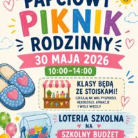 Plakat Papciowego Pikniku Rodzinnego w Szkole Podstawowej im. Papcia Chmiela na Białołęce — 30 maja 2026, godz. 10:00–14:00