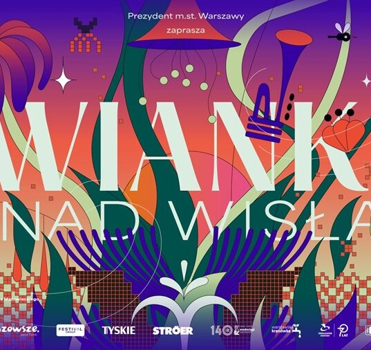 Plakat Wianków nad Wisłą 2026 — 20 czerwca, Multimedialny Park Fontann, Warszawa Gra, kolorowa ilustracja z motywami słowiańskimi, kwiatami i instrumentami muzycznymi