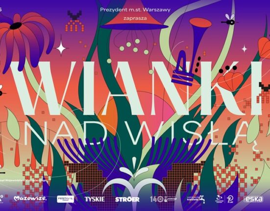 Plakat Wianków nad Wisłą 2026 — 20 czerwca, Multimedialny Park Fontann, Warszawa Gra, kolorowa ilustracja z motywami słowiańskimi, kwiatami i instrumentami muzycznymi