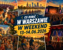 Grafika promocyjna „Co robić w Warszawie w weekend 13–14 czerwca 2026?" — kolaż ilustracji przedstawiających Piknik Naukowy, regaty wioślarskie na Wiśle, plenerowy koncert, święto dzielnicy, rajd rowerowy nad rzeką i premierę teatralną