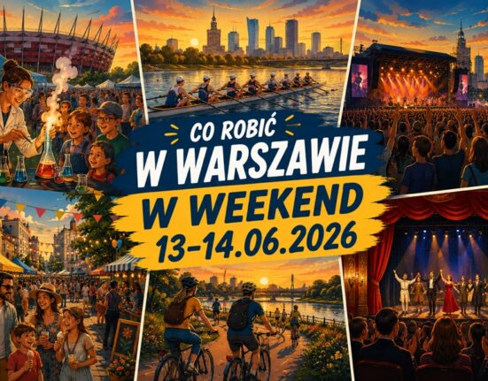 Grafika promocyjna „Co robić w Warszawie w weekend 13–14 czerwca 2026?" — kolaż ilustracji przedstawiających Piknik Naukowy, regaty wioślarskie na Wiśle, plenerowy koncert, święto dzielnicy, rajd rowerowy nad rzeką i premierę teatralną