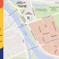 Mapa ograniczeń w ruchu kołowym na Pradze-Południe w Warszawie podczas koncertów Dawida Podsiadły na PGE Narodowym - zaznaczony obszar wyłączony z ruchu indywidualnego