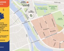 Mapa ograniczeń w ruchu kołowym na Pradze-Południe w Warszawie podczas koncertów Dawida Podsiadły na PGE Narodowym - zaznaczony obszar wyłączony z ruchu indywidualnego