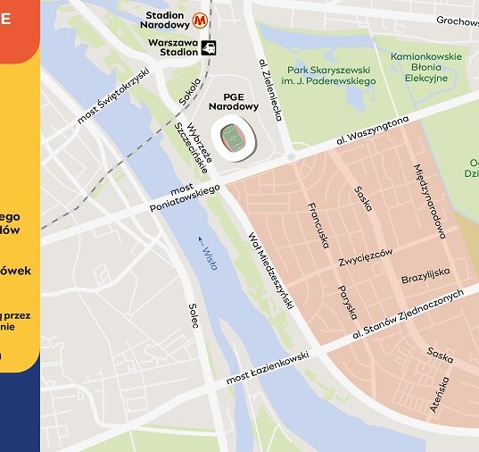 Mapa ograniczeń w ruchu kołowym na Pradze-Południe w Warszawie podczas koncertów Dawida Podsiadły na PGE Narodowym - zaznaczony obszar wyłączony z ruchu indywidualnego