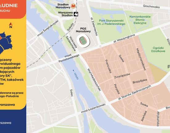 Mapa ograniczeń w ruchu kołowym na Pradze-Południe w Warszawie podczas koncertów Dawida Podsiadły na PGE Narodowym - zaznaczony obszar wyłączony z ruchu indywidualnego