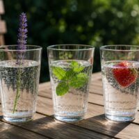 Trzy szklanki wody gazowanej z naturalnymi dodatkami – lawendą, miętą i truskawką na drewnianym stole w ogrodzie.