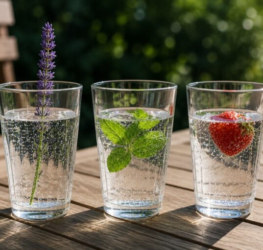 Trzy szklanki wody gazowanej z naturalnymi dodatkami – lawendą, miętą i truskawką na drewnianym stole w ogrodzie.