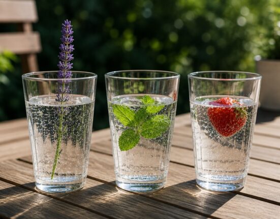 Trzy szklanki wody gazowanej z naturalnymi dodatkami – lawendą, miętą i truskawką na drewnianym stole w ogrodzie.