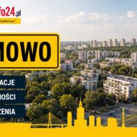 Grafika WarszawaInfo24.pl z żółtą tabliczką "Bemowo" i ikonami Informacje, Wiadomości, Wydarzenia na tle panoramy dzielnicy Bemowo w Warszawie
