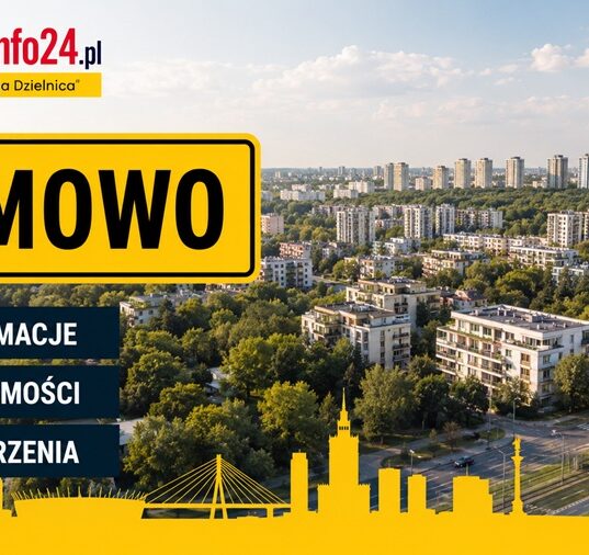 Grafika WarszawaInfo24.pl z żółtą tabliczką "Bemowo" i ikonami Informacje, Wiadomości, Wydarzenia na tle panoramy dzielnicy Bemowo w Warszawie