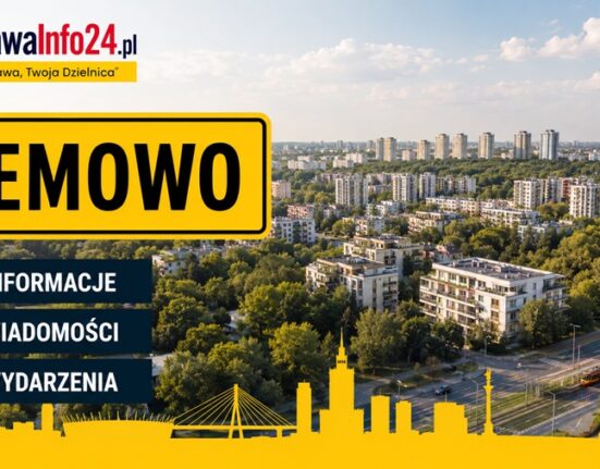 Grafika WarszawaInfo24.pl z żółtą tabliczką "Bemowo" i ikonami Informacje, Wiadomości, Wydarzenia na tle panoramy dzielnicy Bemowo w Warszawie