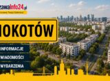 Grafika WarszawaInfo24.pl z żółtą tabliczką "Mokotów" i ikonami Informacje, Wiadomości, Wydarzenia na tle panoramy dzielnicy Mokotów w Warszawie