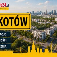 Grafika WarszawaInfo24.pl z żółtą tabliczką "Mokotów" i ikonami Informacje, Wiadomości, Wydarzenia na tle panoramy dzielnicy Mokotów w Warszawie