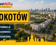 Grafika WarszawaInfo24.pl z żółtą tabliczką "Mokotów" i ikonami Informacje, Wiadomości, Wydarzenia na tle panoramy dzielnicy Mokotów w Warszawie