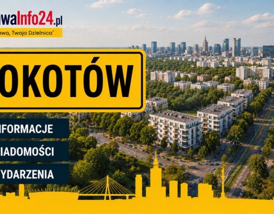 Grafika WarszawaInfo24.pl z żółtą tabliczką "Mokotów" i ikonami Informacje, Wiadomości, Wydarzenia na tle panoramy dzielnicy Mokotów w Warszawie