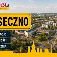 Grafika WarszawaInfo24.pl z żółtą tabliczką "Piaseczno" i ikonami Informacje, Wiadomości, Wydarzenia na tle panoramy miasta Piaseczno