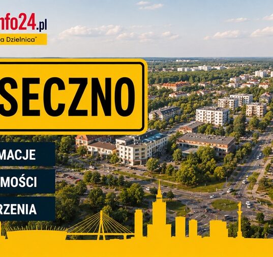 Grafika WarszawaInfo24.pl z żółtą tabliczką "Piaseczno" i ikonami Informacje, Wiadomości, Wydarzenia na tle panoramy miasta Piaseczno